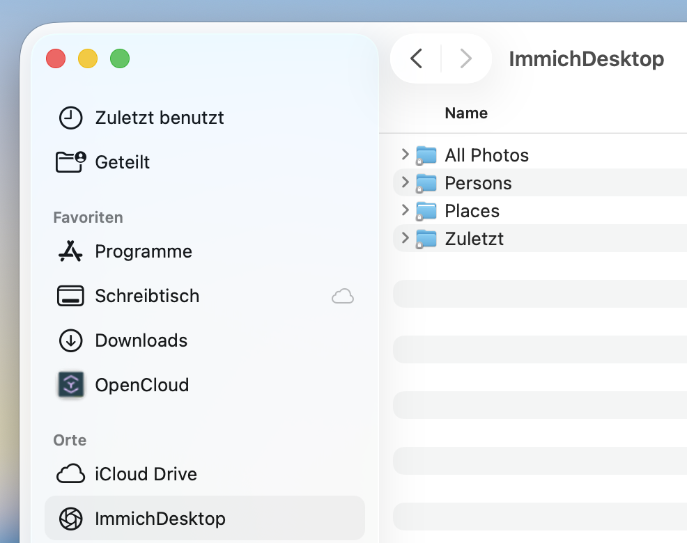 Immich shown as a location in the macOS Finder sidebar with an All Photos timeline
