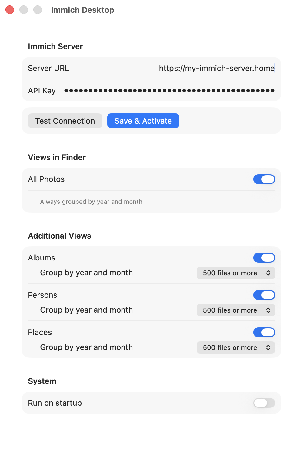 Immich Desktop settings with independent grouping modes for additional Finder views